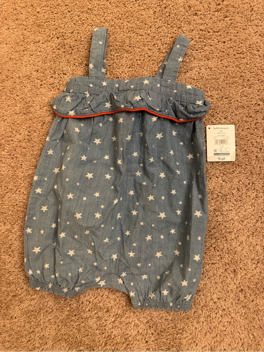 Toddler Star-Print Chambray Romper with Ruffle Trim - Blue
